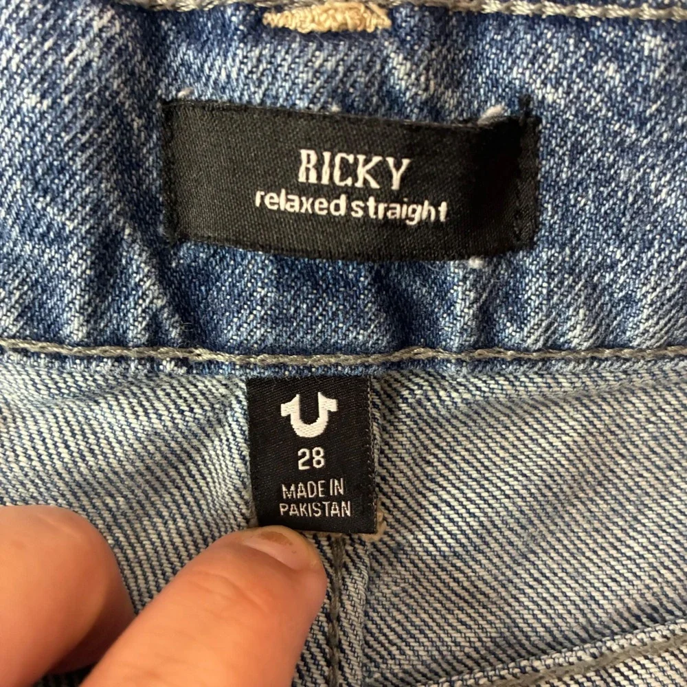 True Religion Ricky Relaxed Straight Distressed Blue Denim Jeans Mens Size 28x32